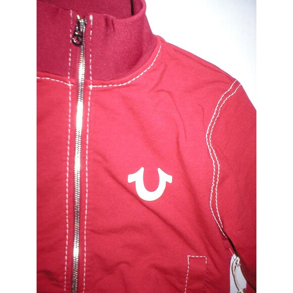 New NWT Womens Designer True Religion Big T Sweat Jacket Terry Red White Zip XS - Picture 4 of 7
